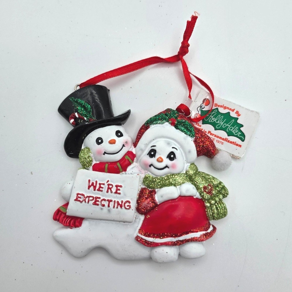 Holly Adler Snowman Couple We're Expecting Ornament Red White Green Resin